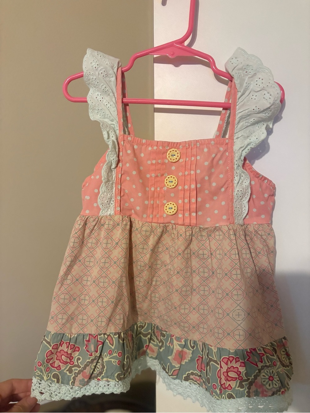 Matilda Jane Coral Pink Polka Dot & Mint Trim Tiered Tank